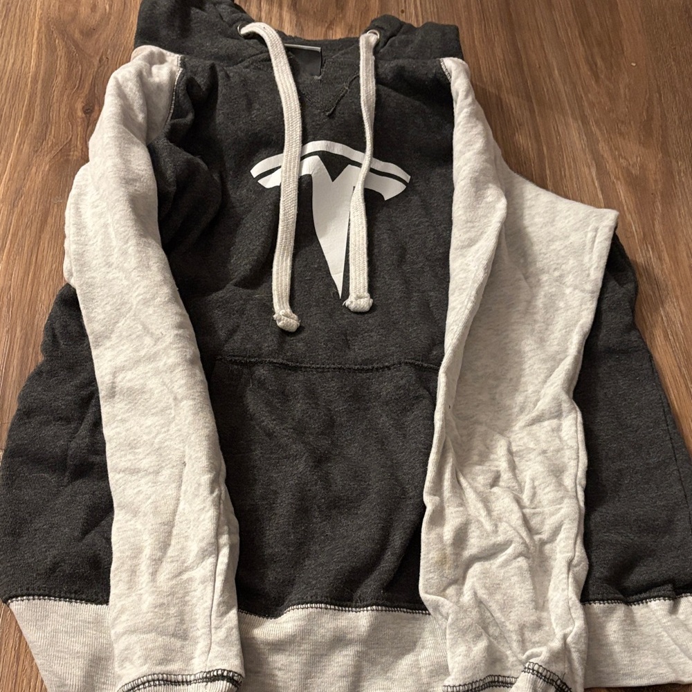 Tesla Black Hoodie with Light Gray Sleeves and Logo